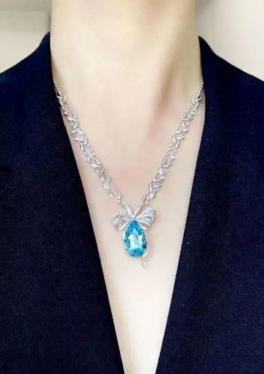 Unique Style 925 Silver Bow Necklace 18K Gold Plated Water Drop Aquamarine (Santa Maria) Pendant Fine Jewelry