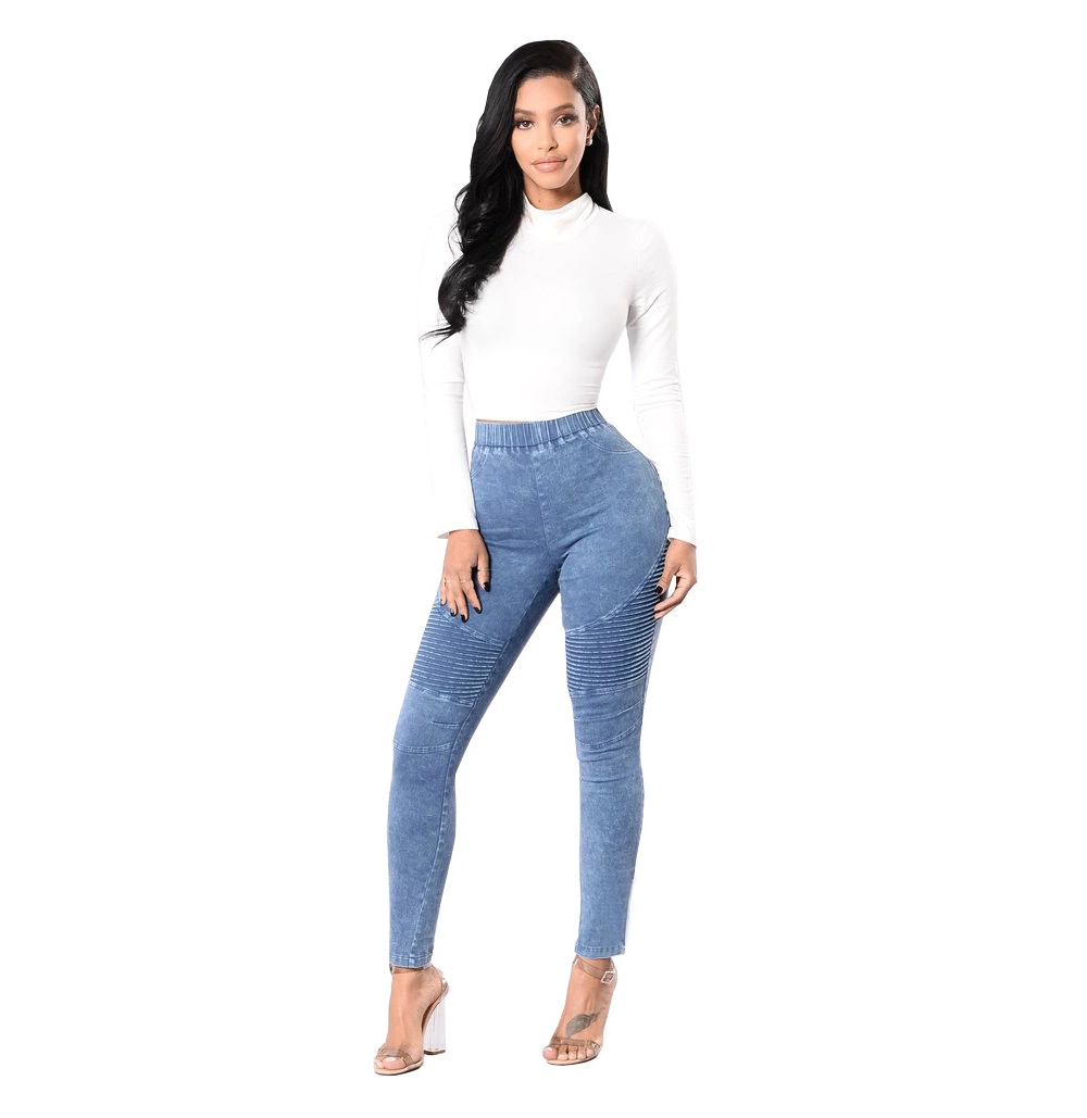 Commerce de gros taille haute femmes jeans skinny Jeans avec pantalon plissé