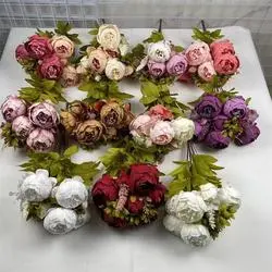 Ramo de flores de peonías de seda artificial de 9 cabezas para decoración de hogar y bodas.