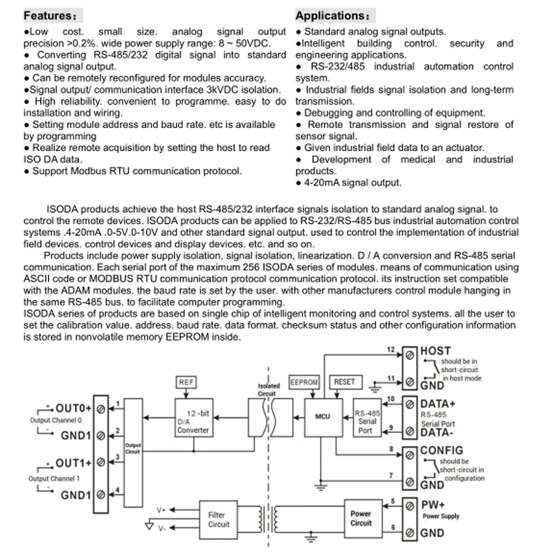 RS232/RS485 Digital Signal to Analog Signal Isolation D / A Converter