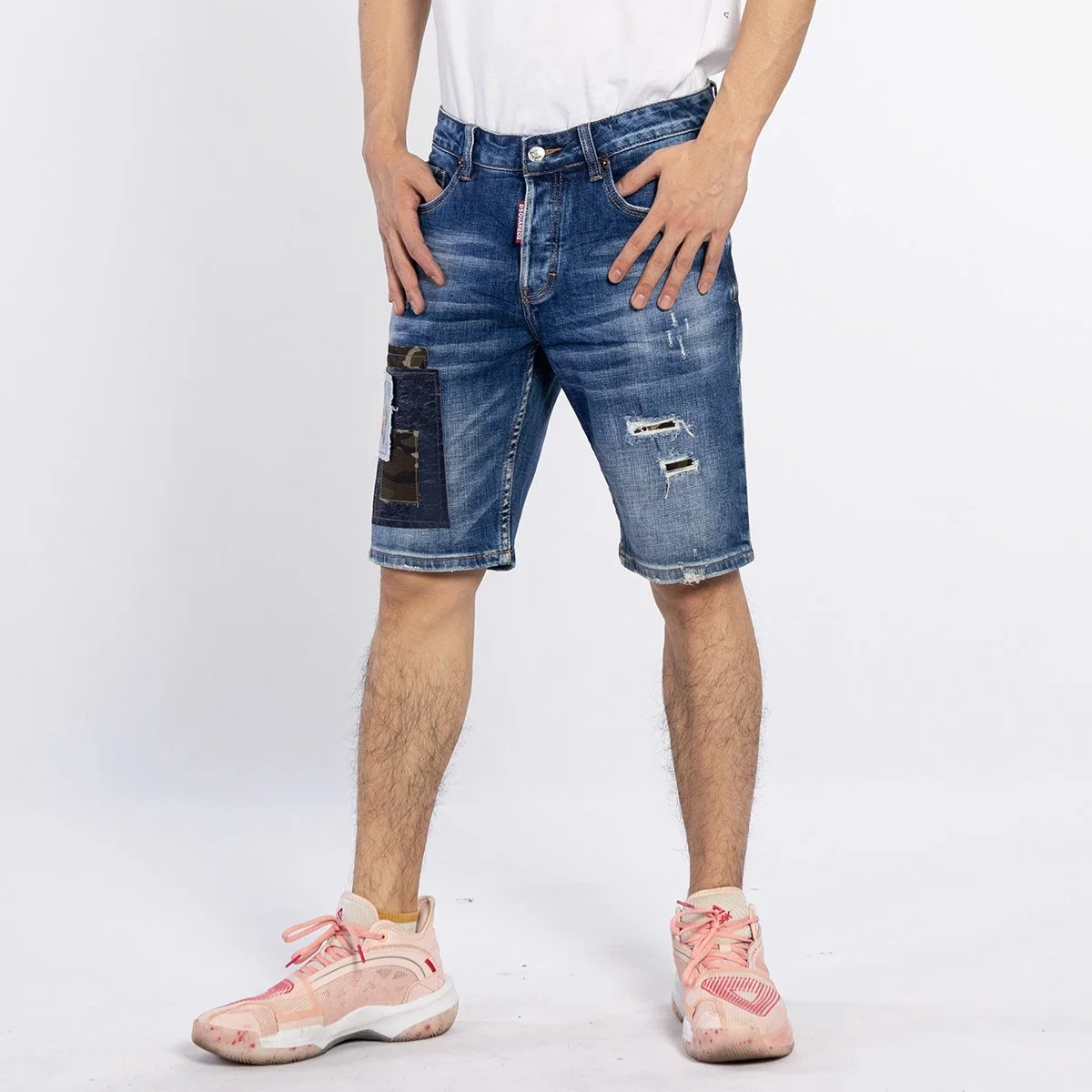 Custom Distressed Blue Five Hose Denim Patchwork Design Herren Shorts Jeans