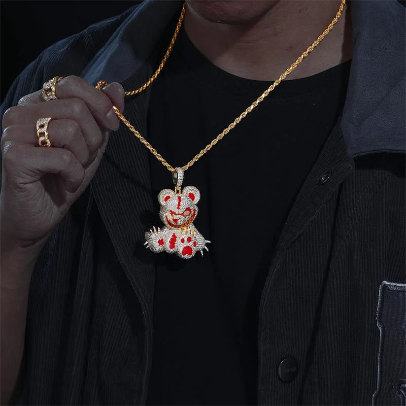 Trendy Hiphop Rapper Jewelry Cartoon Necklace 925 Sterling Silver Vvs Moissanite Diamond Iced out Angry Bear Pendant for Men