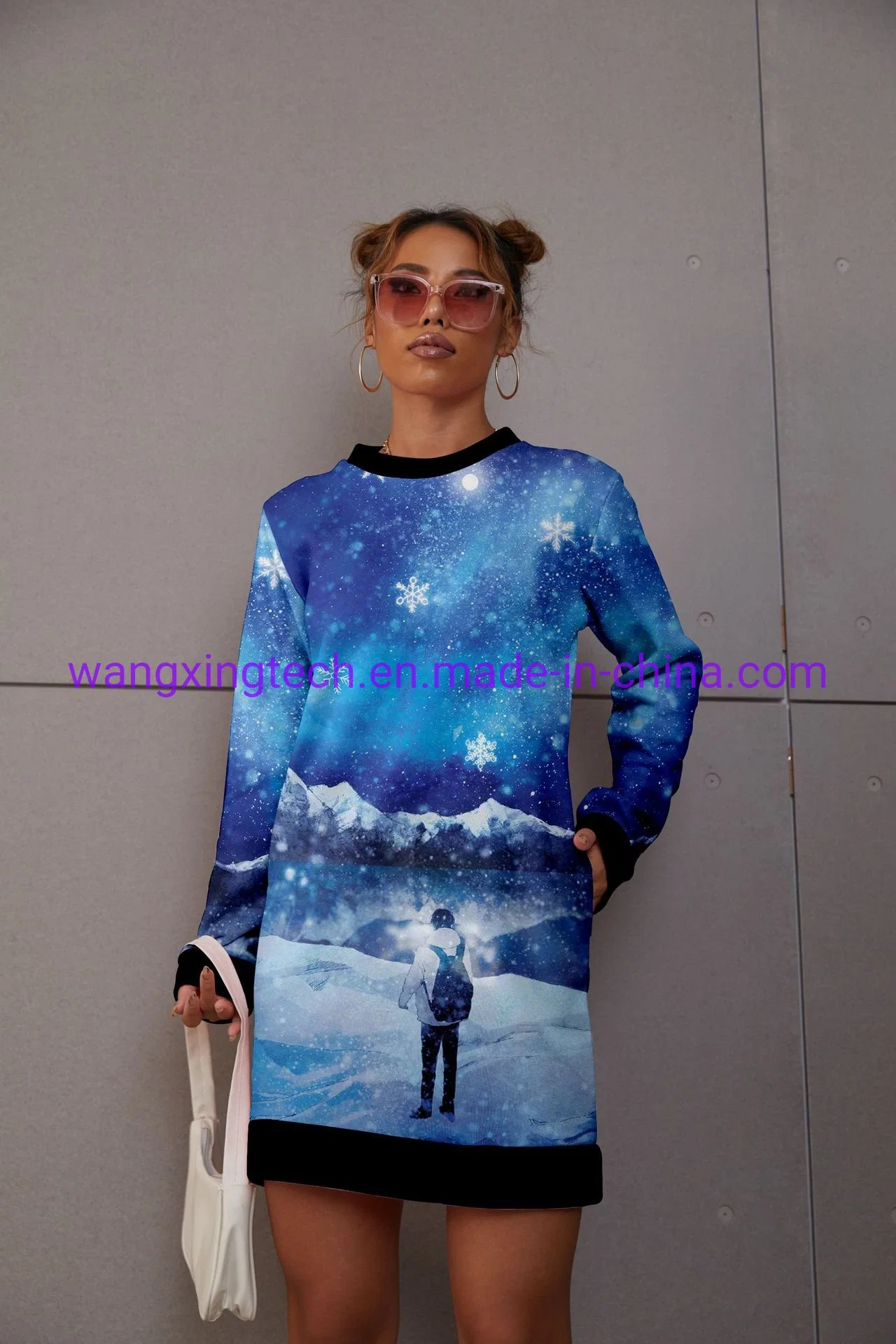 A impressão 3D barata Long-Sleeved das mulheres ao redor do pescoço longo pulôver suéter moda Outono camisola casaco solto