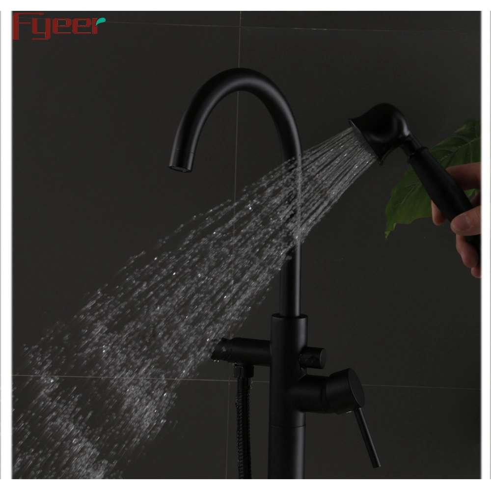 Fyeer Brass Bathroom Floor Bathtub Faucet Black with Telephone Hand Shower