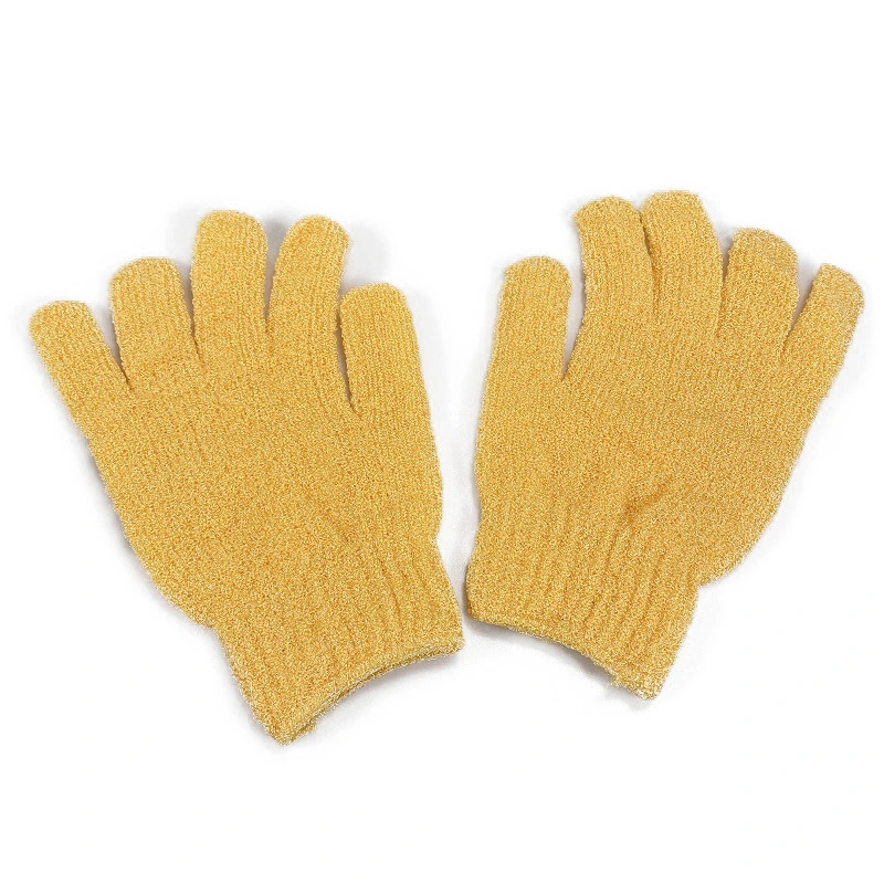 Cinq gants de bain exfoliants en nylon doux pour la peau.