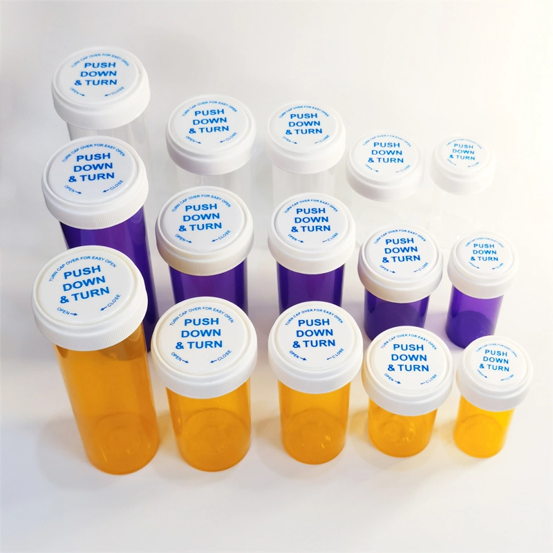 Child Proof Pill Bottle Plastic Push Down & Turn Reversible Vials