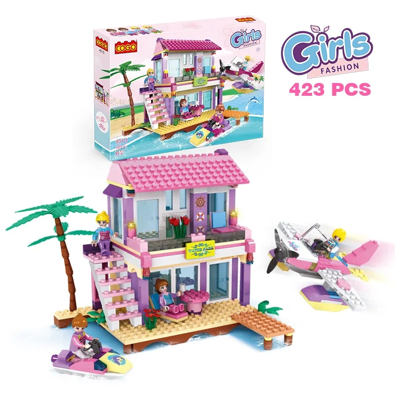 Cogo Hot Sale 423 PCS Fashion Girl Beach Villa Building Block Toys Educational Kids Construction Model Bricks for Children