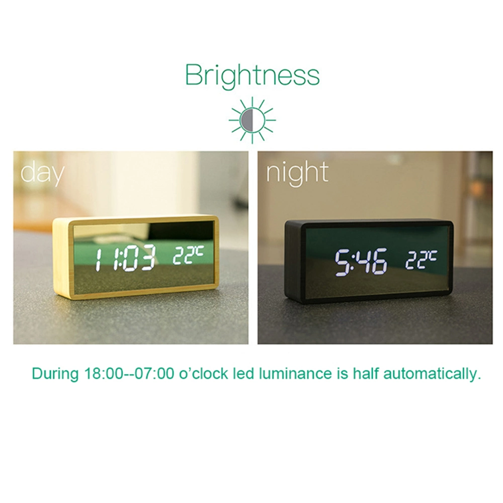 Modern Table Mirror LED Alarm Clock with Temperature Display Wood Effect Frame