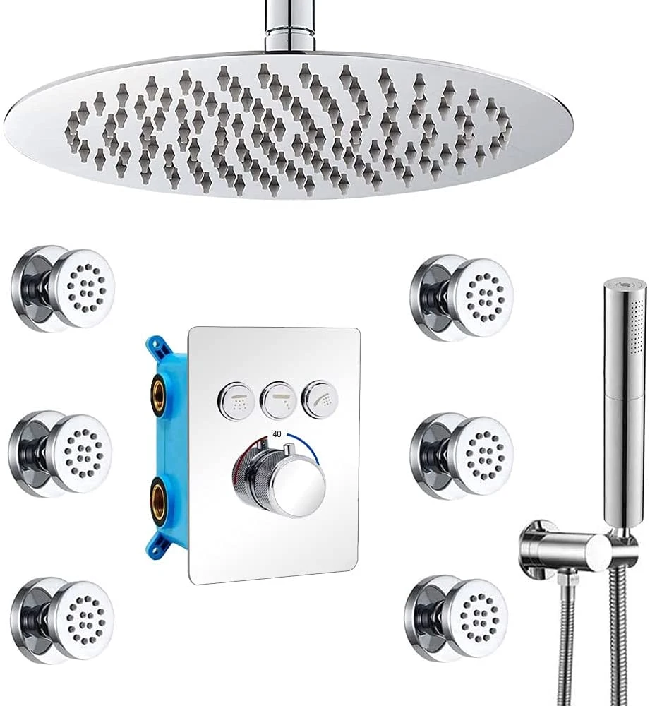 Round Rain Shower System - 12 Inch Ceiling Rainfall Faucet Set with Handheld and Body Spray Jets Combo, Thermostatic Mixing Valve Can Use All Shower Head