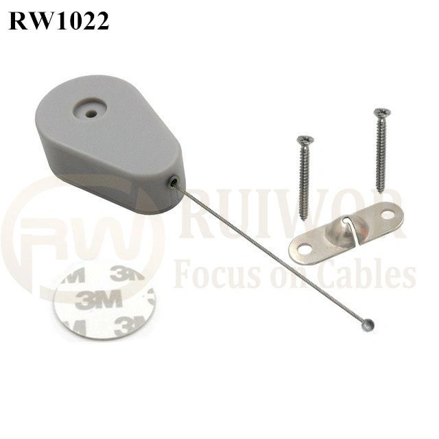 Drop-Shaped Retractable Security Tether Plus Two Screw Perforated Oval Metal Plate Connector Installed