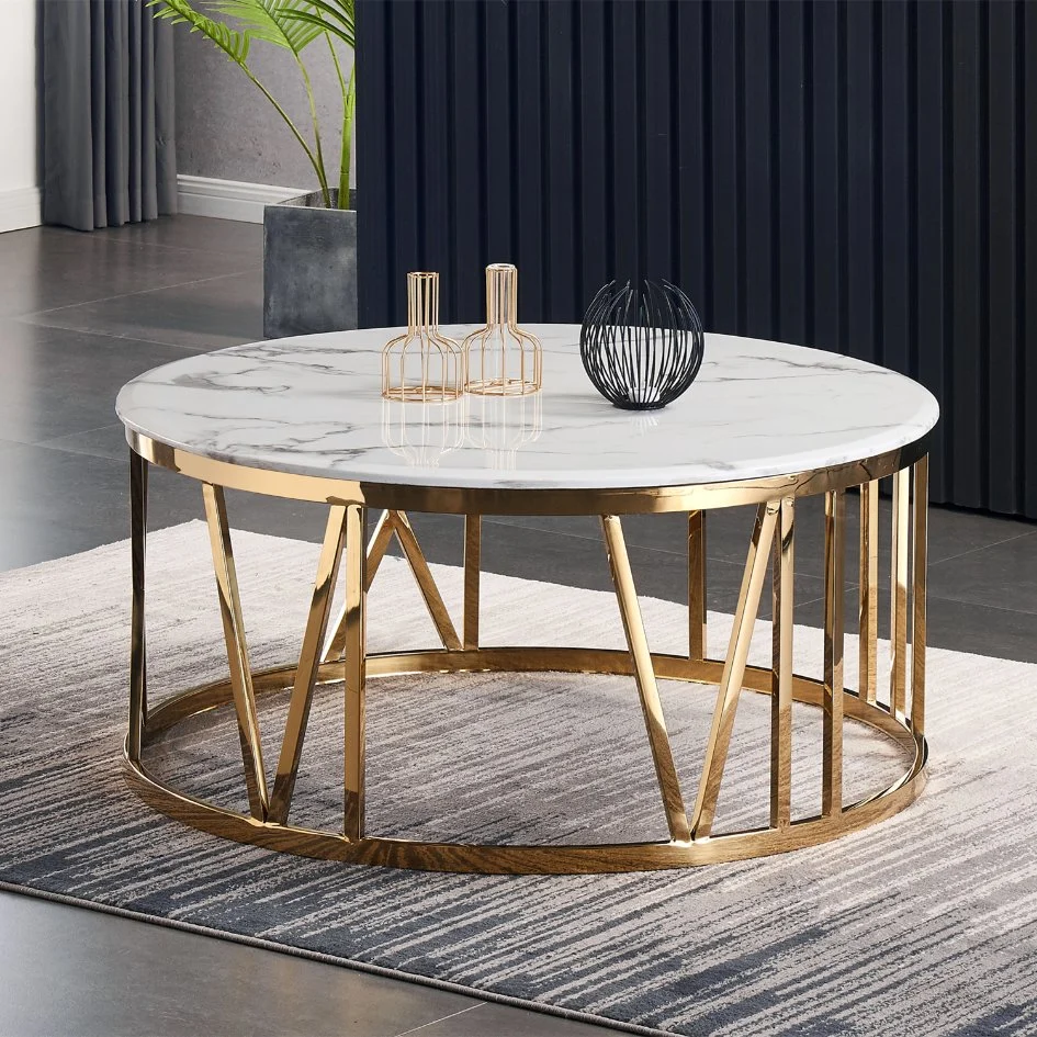Meuble de salon moderne Table basse centrale en acier inoxydable doré et marbre blanc