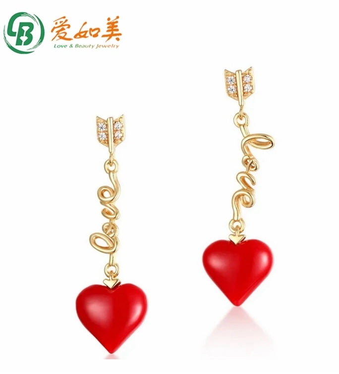 Valentine Heart and Arrows Silver Created Red Coral Earring