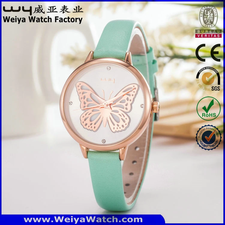 Carcasa de acero de aleación de correa de cuero reloj de pulsera reloj de cuarzo para la Mujer (WY-130B)