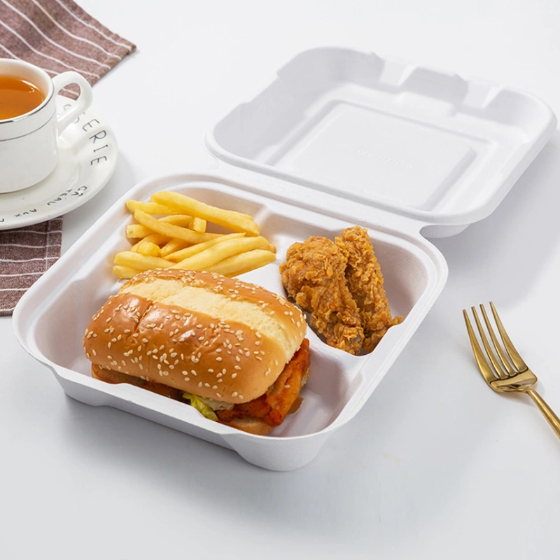 Eco-Compostable Sugarcane Flip Cover Takeaway Box Bagasse Disposable Biodegradable Compartment Takeaway Food Container Packaging Box