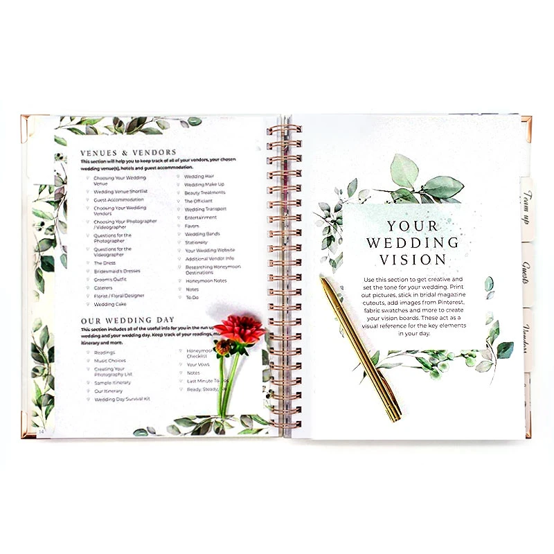 Ustom Printing Goals Spiral Hardcover Organizer Wedding Diary Journal Weekly Daily Wedding Planner