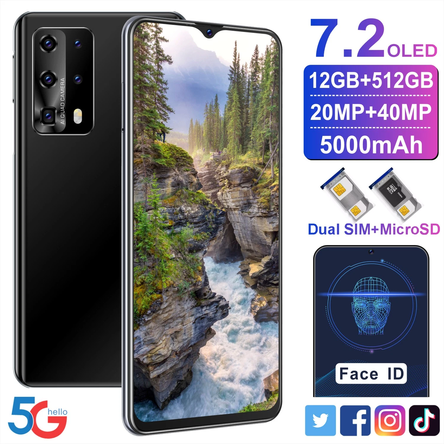 Téléphone intelligent avec écran complet Quad Camera 7,2" FHD+ 4 Go de RAM 64 Go de ROM Processeur Octa-Core