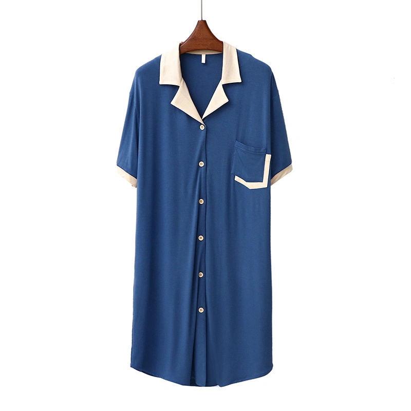 New Summer Cute Style Fashion Girlish Nightgown for Teen Girl Contrast Lapel Modal Fashion Homedress for Young Lady with Buttons