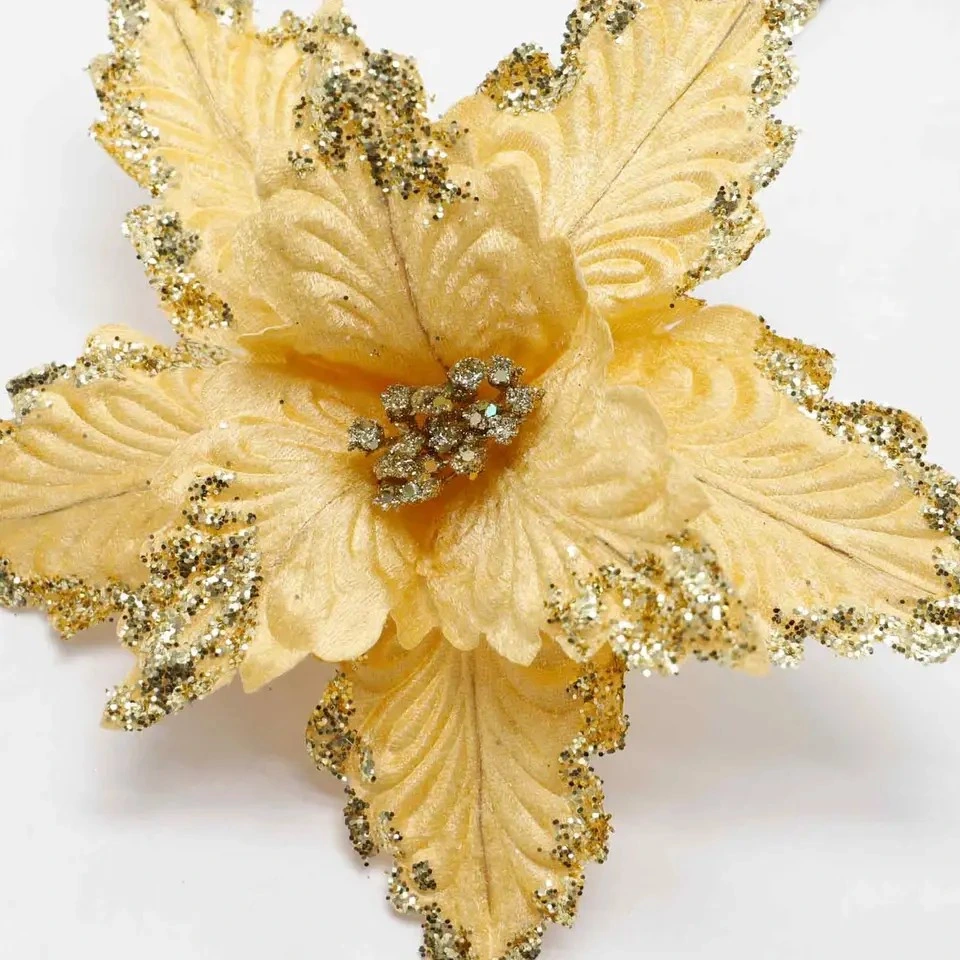 Artificial Flowers Christmas Yellow Velvet Poinsettia Sparkling Christmas Flowers for Home Decoration Christmas Ornament