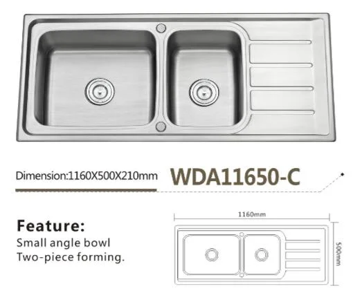 Kitchen Double Bowl with Drain Sink Wda11650-C Kitchenware