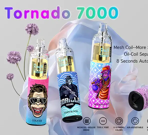 56 Regular Flavors Original Randm Tornado 7000 Puffs Disposable Vape Pen 2% & 5% Flashing RGB Tank Design 850mAh Type-C Rechargeable Disposable Mini E-Cigarette