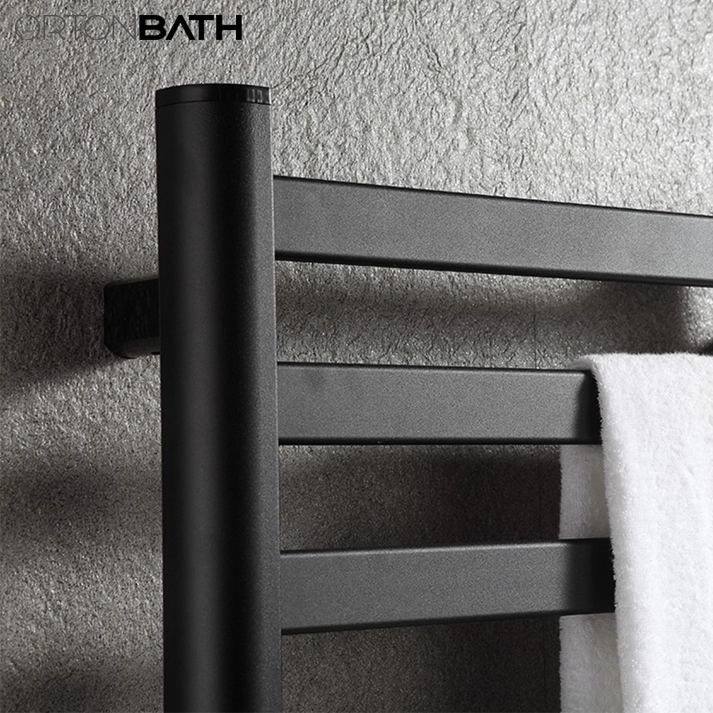 Ortonbath Matte Black Towel Warmer for Bathroom Wall Mounted CE Plug-in Electric Heated Towel Rack Stainless Steel 4 Bars Drying Rack