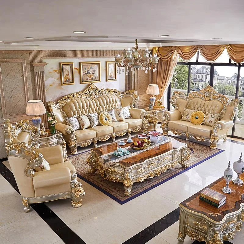 أريكة جلدية ملكية كلاسيكية مع منحوتات خشبية وغرفة معيشة الأثاث