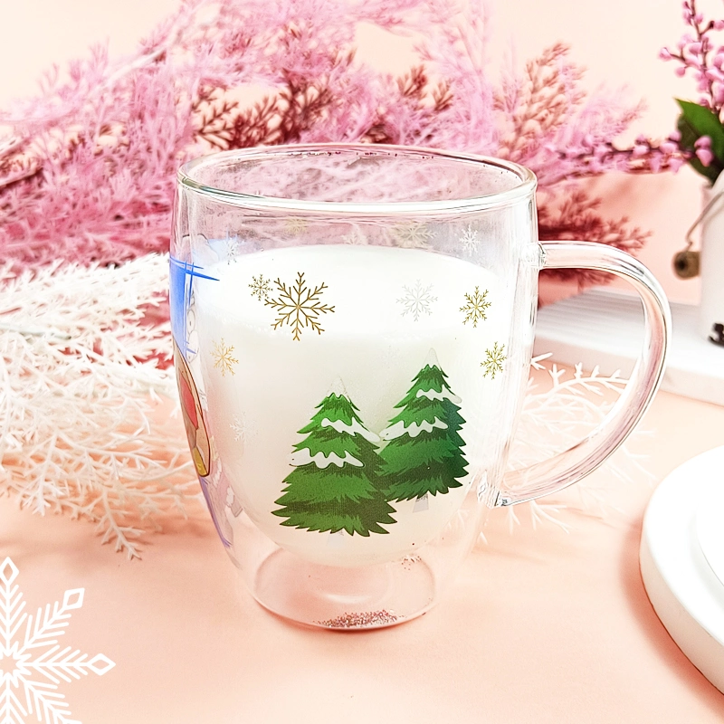 High quality/High cost performance  Santa Claus and Christmas Tree Prints Double-Wall Glass Tea Mug Glass Cup with Handle