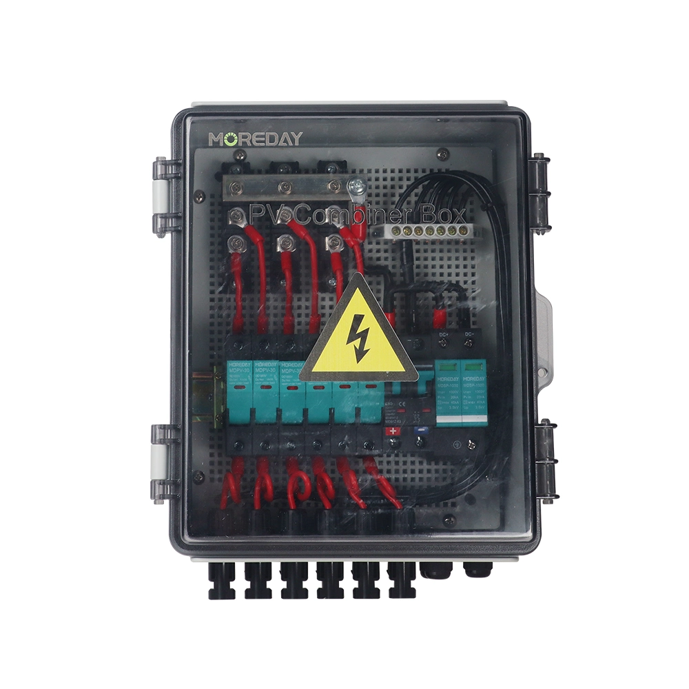 6 String PV Combiner Box & Solar Connectors, Solar Combiner Box with 15A Rated Current Fuse Lightning Arrester and 63A Circuit Breakers for Solar Panel System,