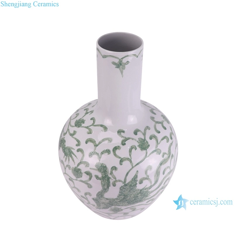 Chinese Dragon and Phoenix Pattern Green and White Color Ceramic Ball Globular Vase