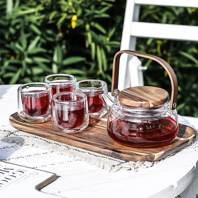 Color Box Packing Elegant Double Wall Gift Tea Pot Tasting Glasses Set with Bamboo Lid Tray