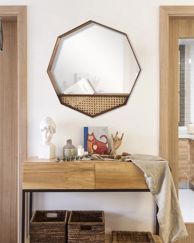 Casa de banho Nordic Octagon Hexagon Multi-Purpose Wood Wall Mirror Espelhos decoração parede quarto espelhos Enforcado em madeira espelho enforcado