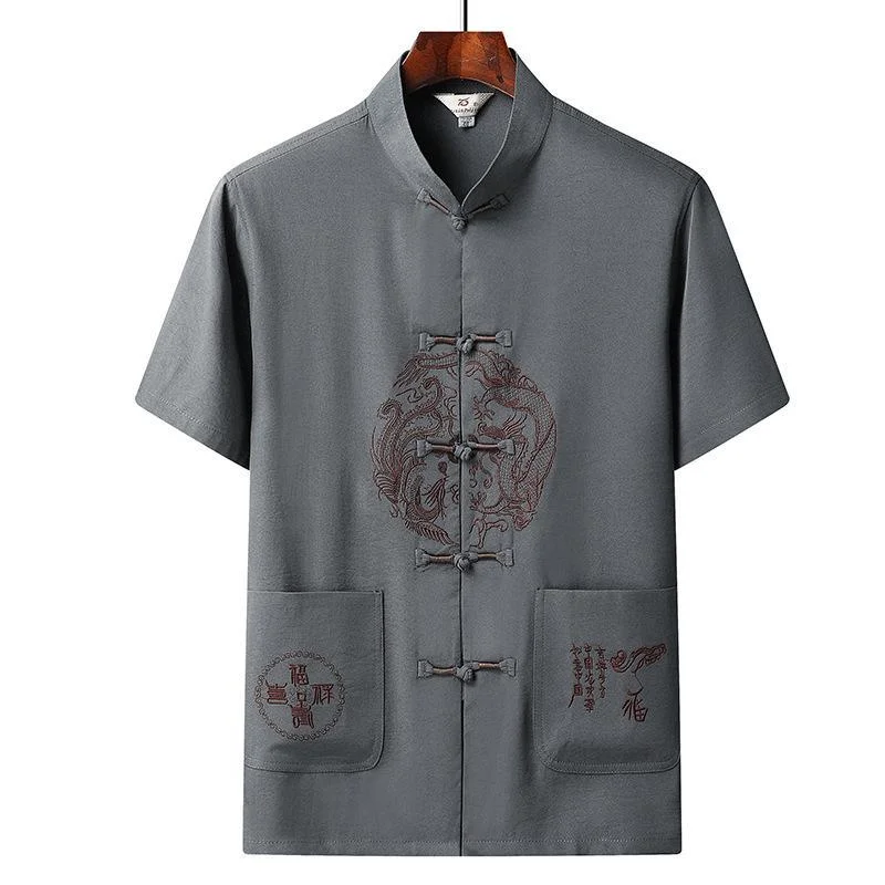 Traditional Chinese Clothing Tang Suit Men Garment Embroidery Logo Anti-Wrinkle Polo Shirts