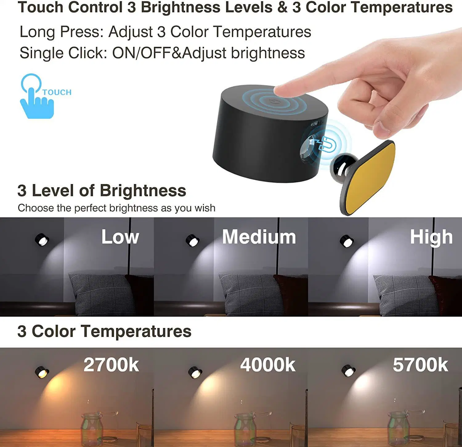 Dimmable Rechargeable Wall Magnetic Rotatable Battery Touch Control Stick-on LED Light