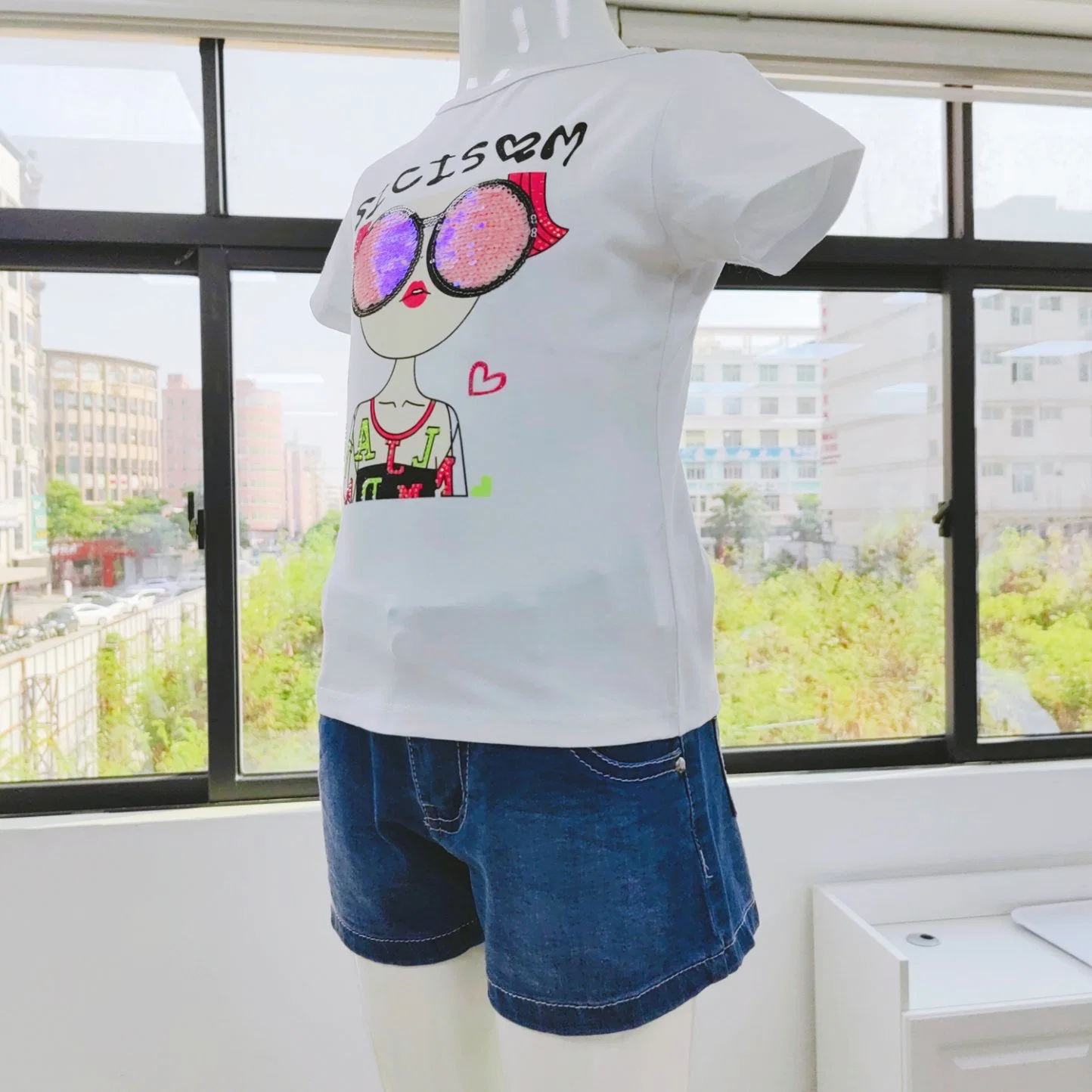 Wholesale/Supplier Set 4-12 Years Old Casual Girls Cotton T-Shirt + Denim Shorts 2 Kids