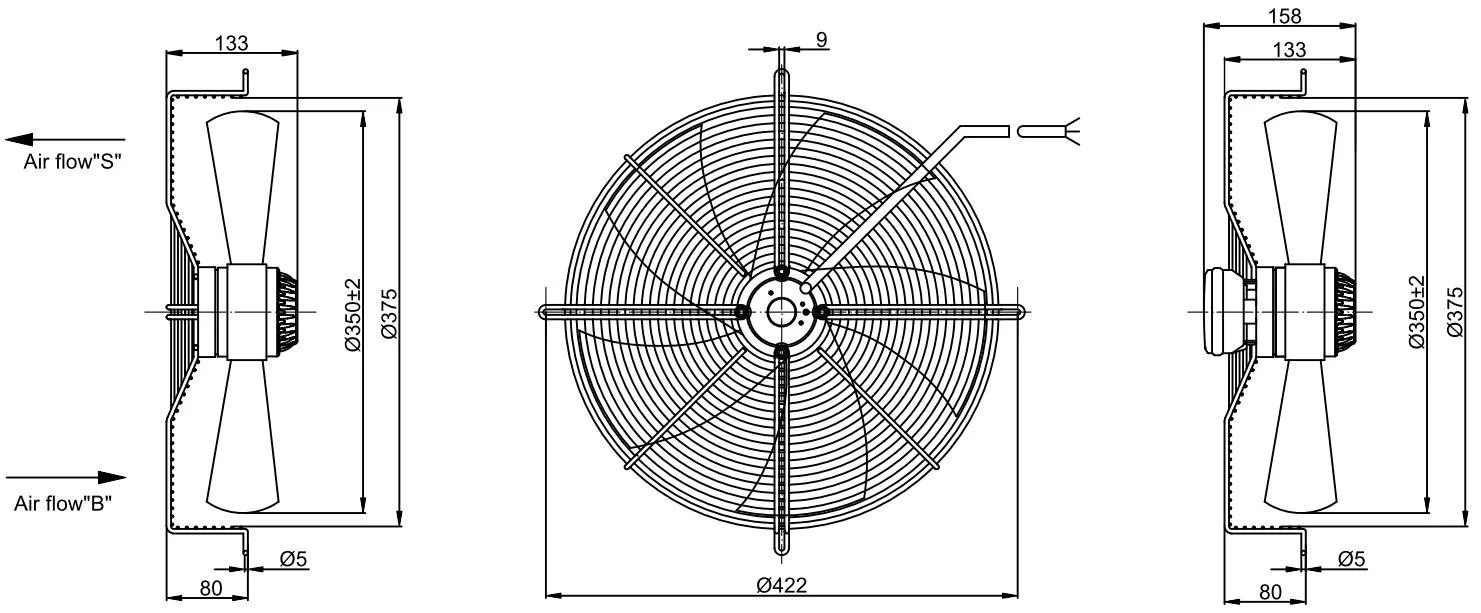 Diámetro 350mm IP 54 rotor externo AC Ventilador de refrigeración axial