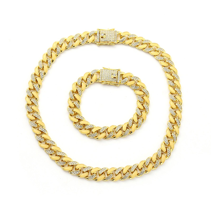 European and American 12mm Hip Hop Style Zircon Cuban Chain Women Men Bracelet Necklace Jewelry Set