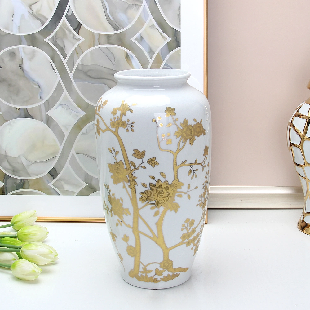 V103uma elevada qualidade Chinoiserie Cerâmica vaso de Flores Decoração vaso de mesa Branco Porcelana grossista com detalhes de Ouro