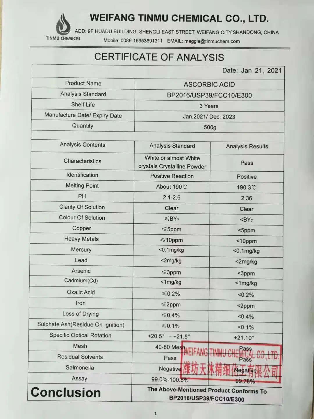 Hot Sale Ascorbic Acid Food Grade with Good Price