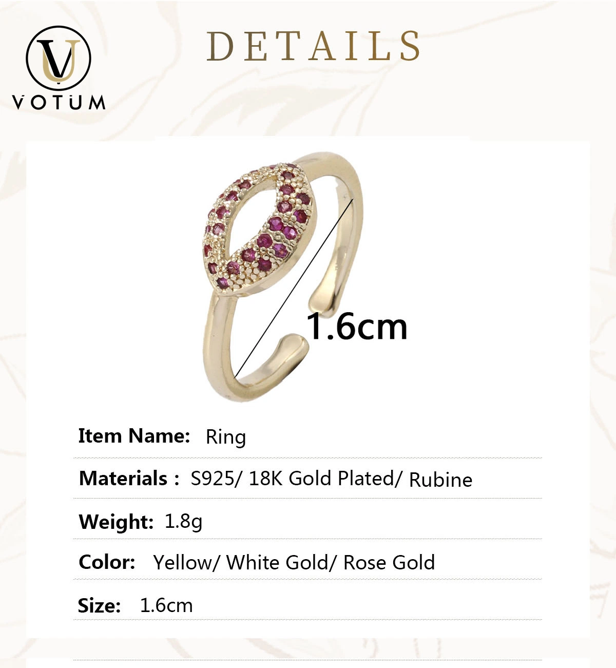 Votum Fashion Gemstone Ruby Moissanite Diamond Lips Design 925 Silver 18K Gold Plated Ring Jewelry