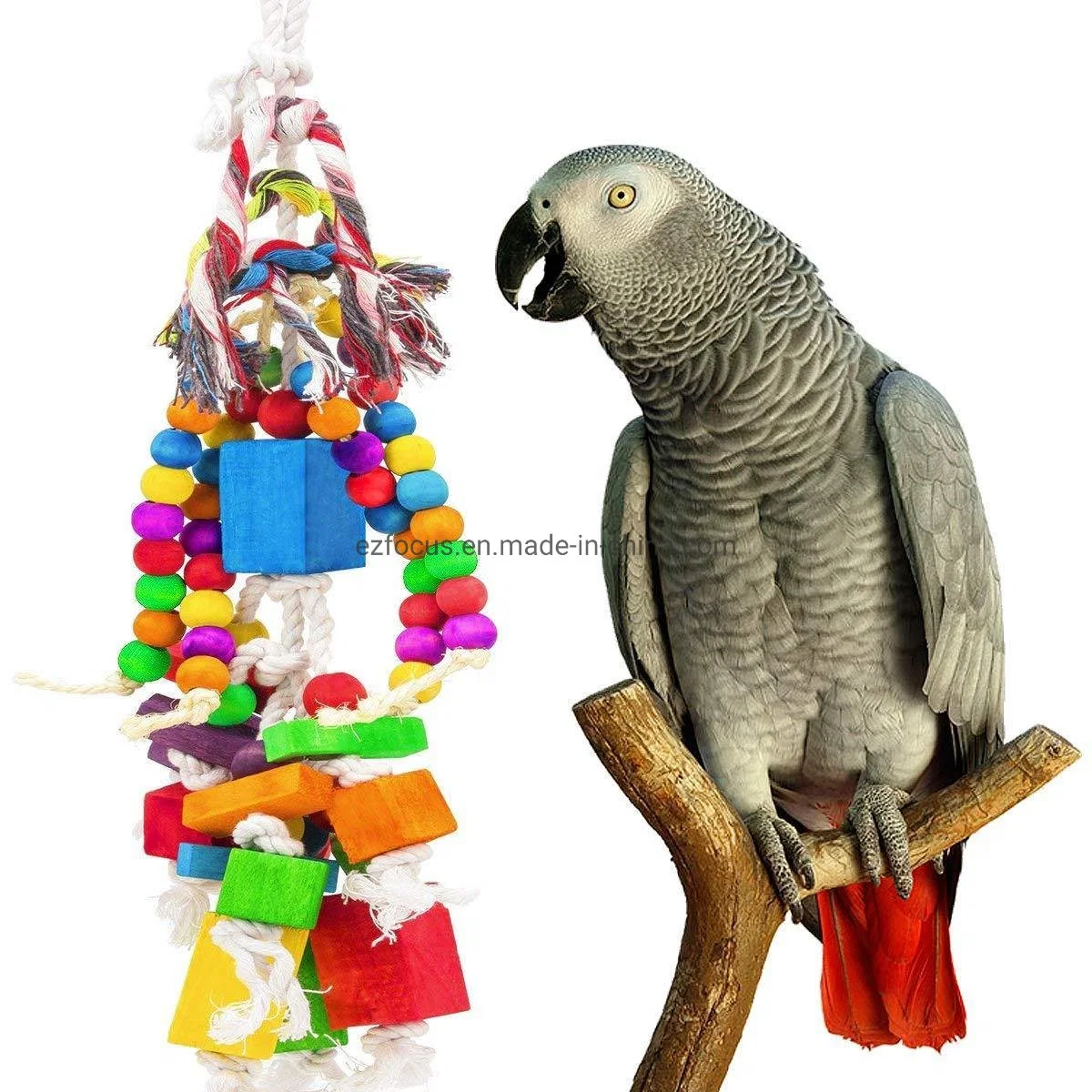 Bird Colorful Wooden and Rope Chewing Toy Bird Cage Hanging Toy Swing Accessories Wbb16539