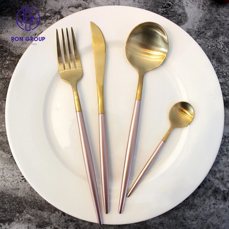 Western Restaurant Hotel Kitchen Silverware Knife Spoon Fork Solid Pink Handle with Gold Flatware Stainless Steel Cutlery