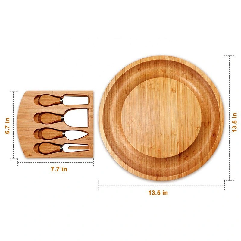 2 tamanhos 10polegadas bambu natural redonda tábua de queijos com 4 PCS charcutaria acessórios de placa