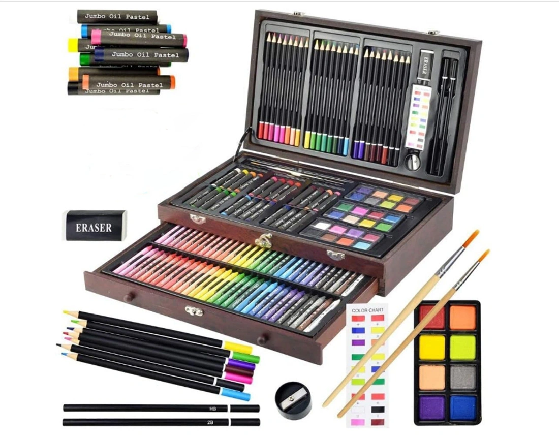 Kit de dessin 145 pièces avec crayons de couleur, pastels à l'huile, crayons de couleur, gâteaux d'aquarelle, crayons d'esquisse, Pinceau, aiguiseur