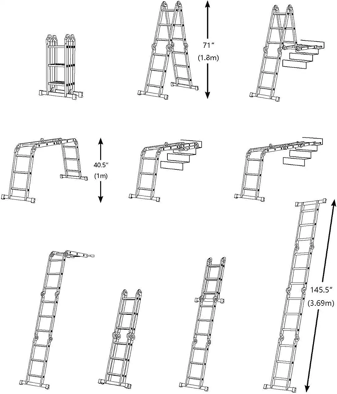 Folding Ladder Multi-Purpose Aluminium Extension 7 in 1 Step Heavy Duty Combination En 131 Standard (12.5 Feet)