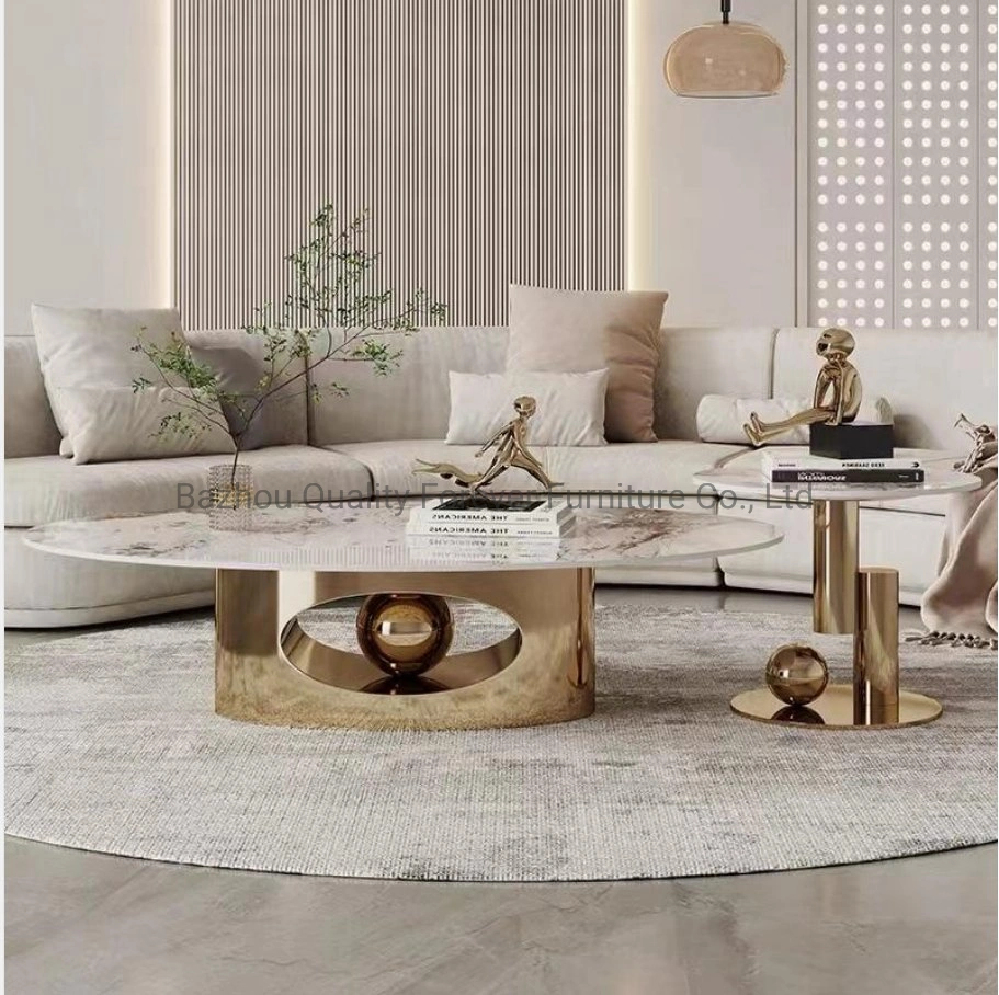 Mesa de café com tampo de pedra sinterizado e mesa de fundo Luxury Marble Aço inoxidável dourado moderno para sala de estar