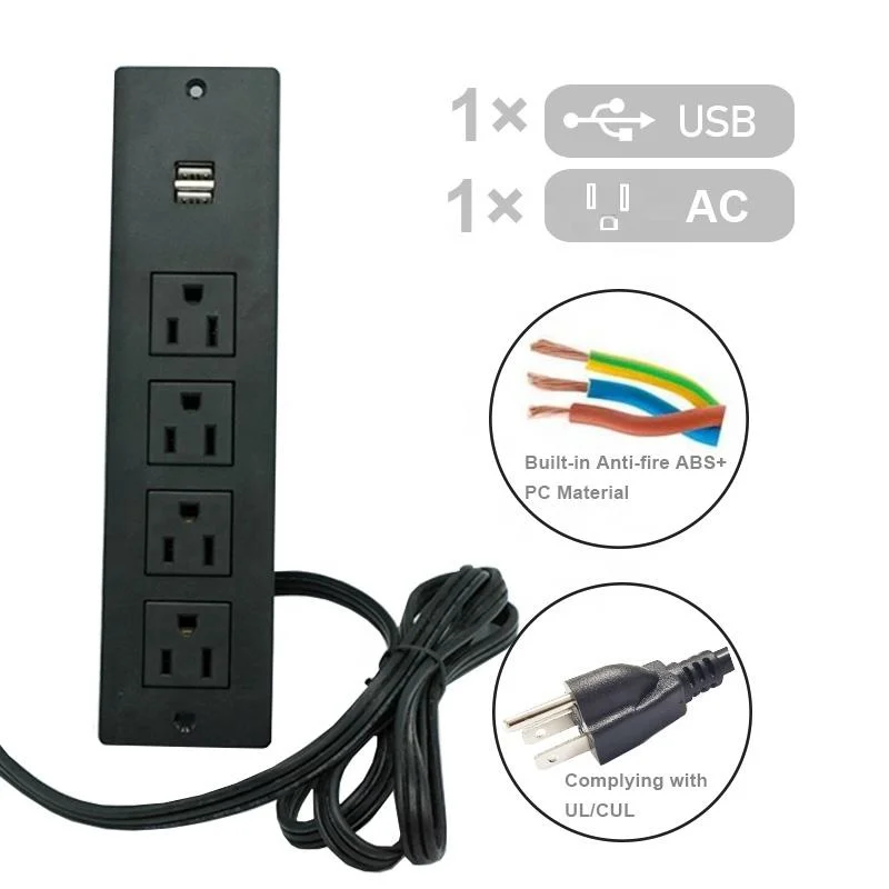 2m Hotel Desk Kitchen Conference Furniture Recessed USA Power Strip Socket 4 AC Outlets with 2 USB Ports