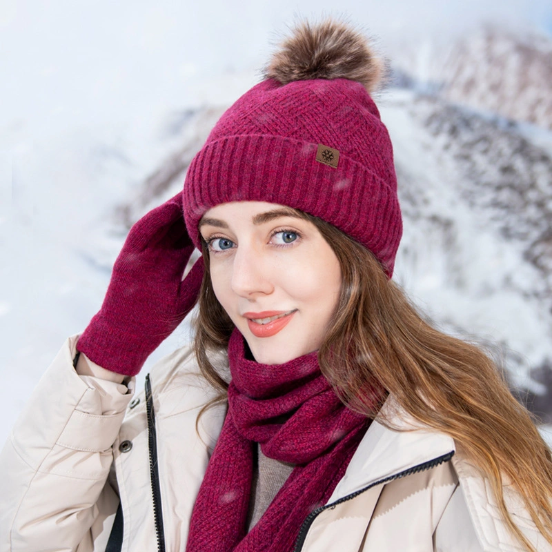 Einfarbig lang Schal Beanie Handschuhe Sets für Frauen mit Pompon