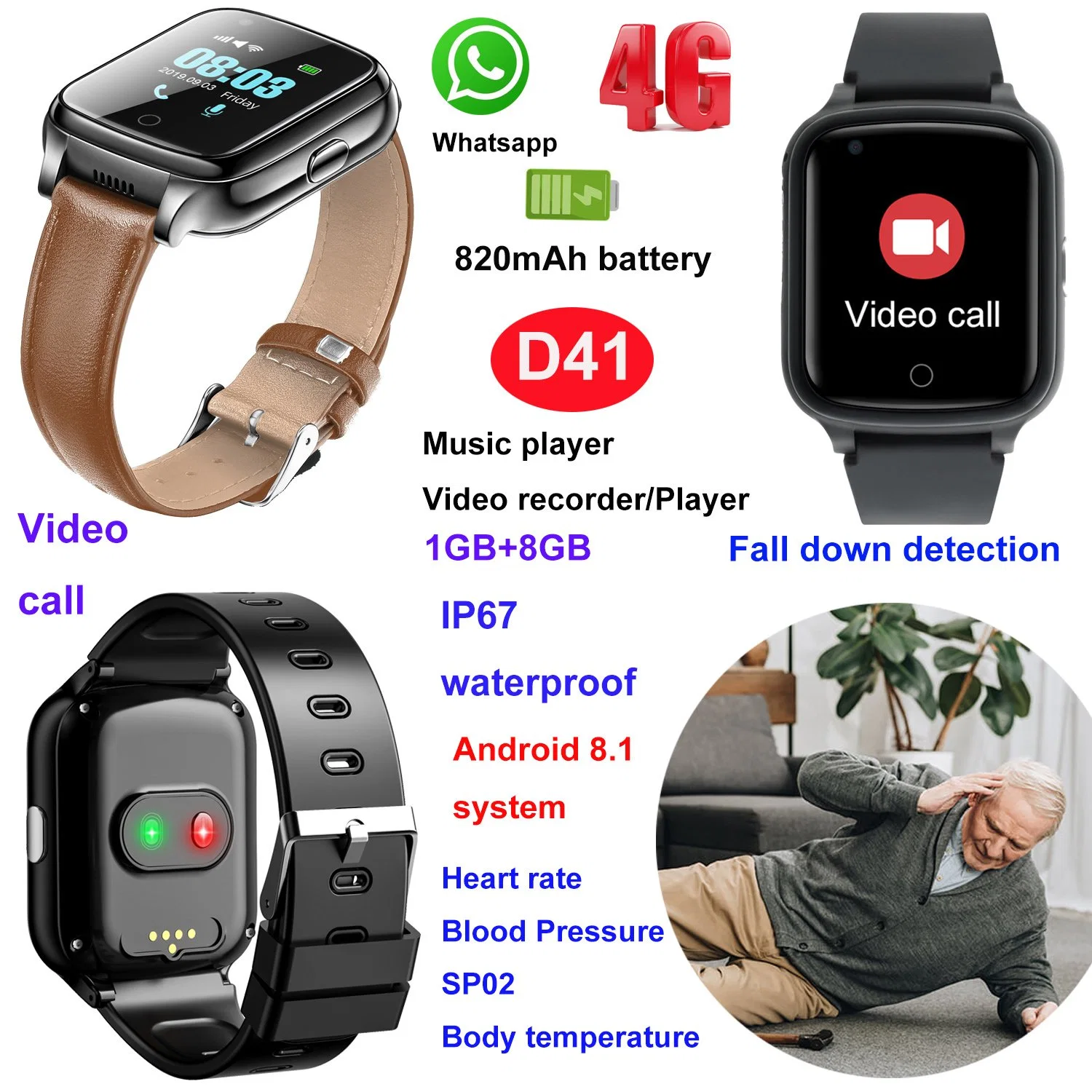 New Arrival 4G IP67 Waterproof Senior GPS Tracker Watch with Fall Down Body Temperature SOS call for Adults Health Care D41