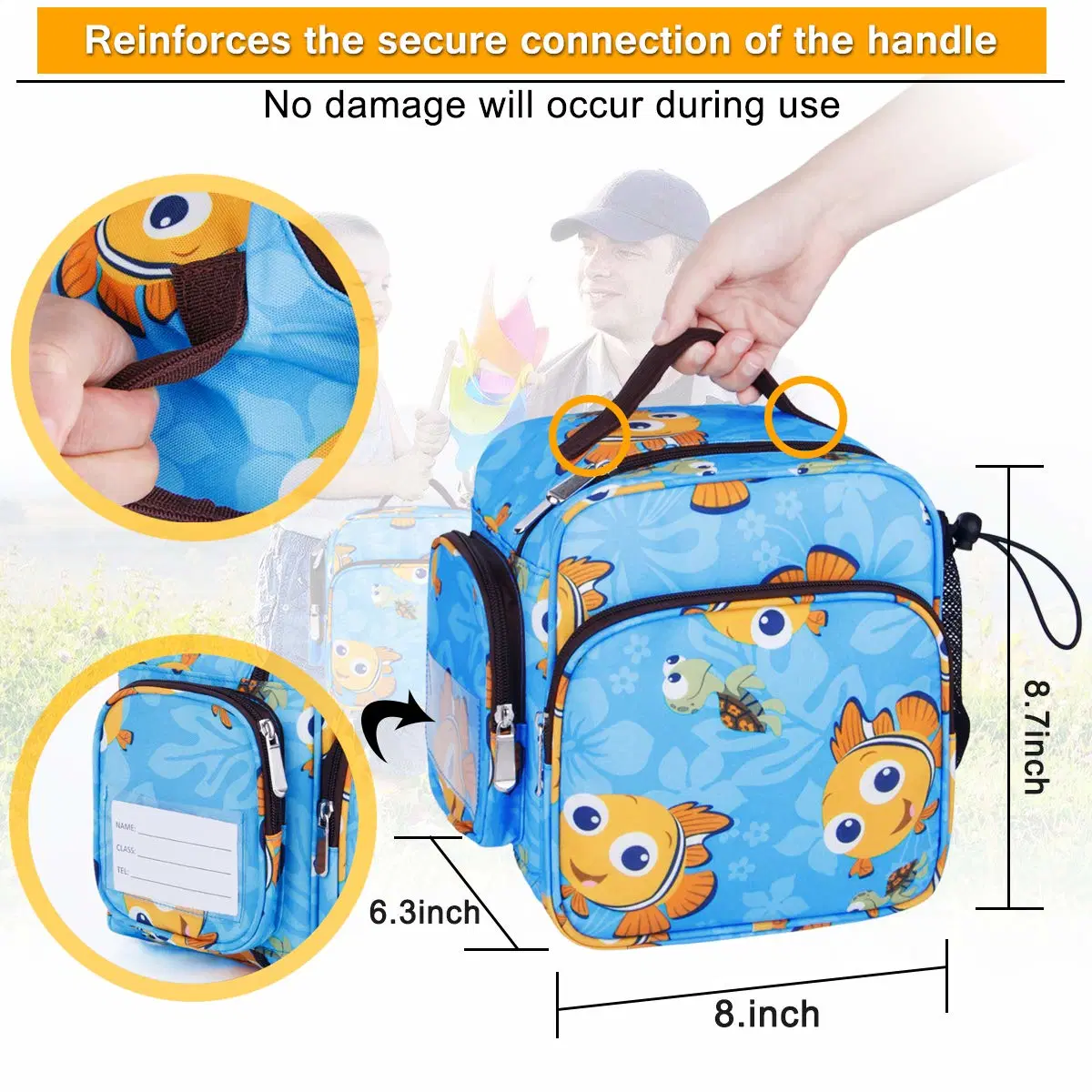 As crianças Bonitinha Goldfish isolada Tote bolsa com alça a tiracolo ocultos Saco térmico do recipiente de almoço para as crianças, Azul