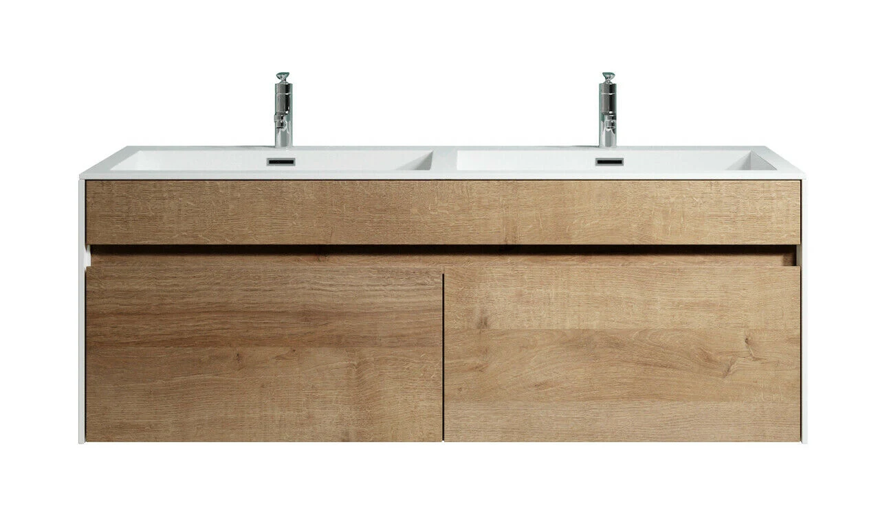 Armario de baño 120cm - Roble con lavabo blanco brillante